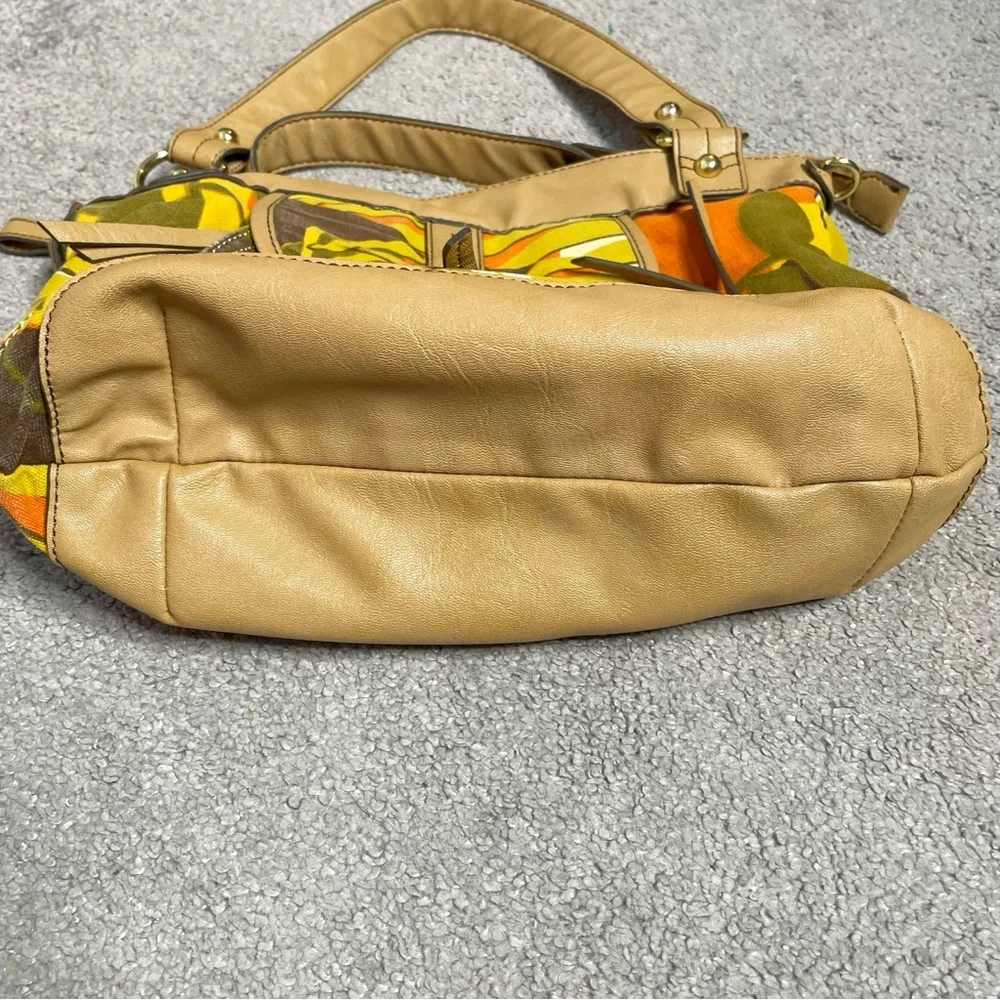 RELIC Brown Yellow Orange Floral Canvas Vinyl Zipper Satchel Handbag
